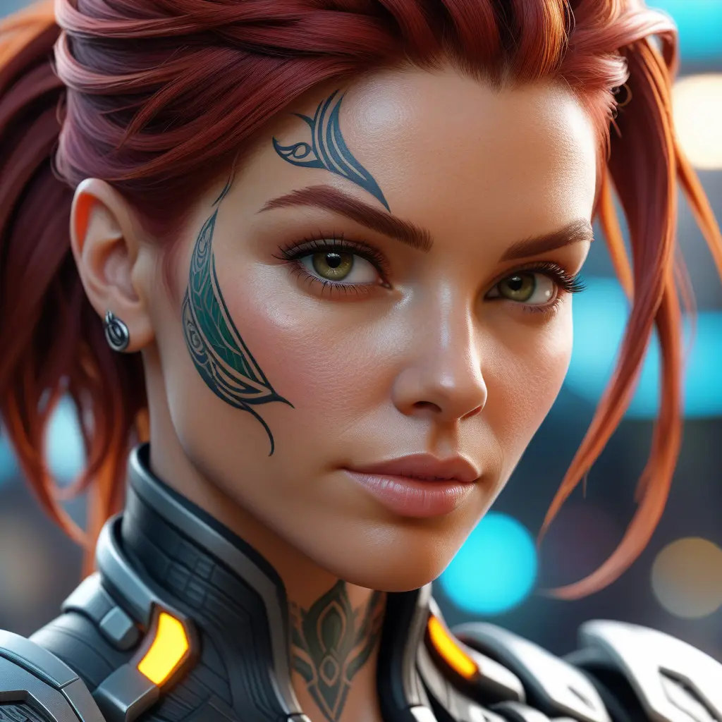 Close up of a red haired Sarah Kerrigan with tattoos, 8k, Highly Detailed, Artstation, Bokeh effect, Sharp Focus, Volumetric Lighting, Concept Art by Stanley Artgerm Lau, Greg Rutkowski