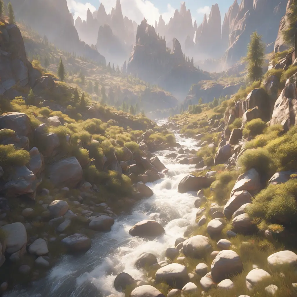 Lake in mountains streams and rivers flow down slopes of mountains and rocks into the valley spring in mountains, 8k, Award-Winning, Highly Detailed, Beautiful, Octane Render, Unreal Engine, Radiant, Volumetric Lighting by Greg Rutkowski