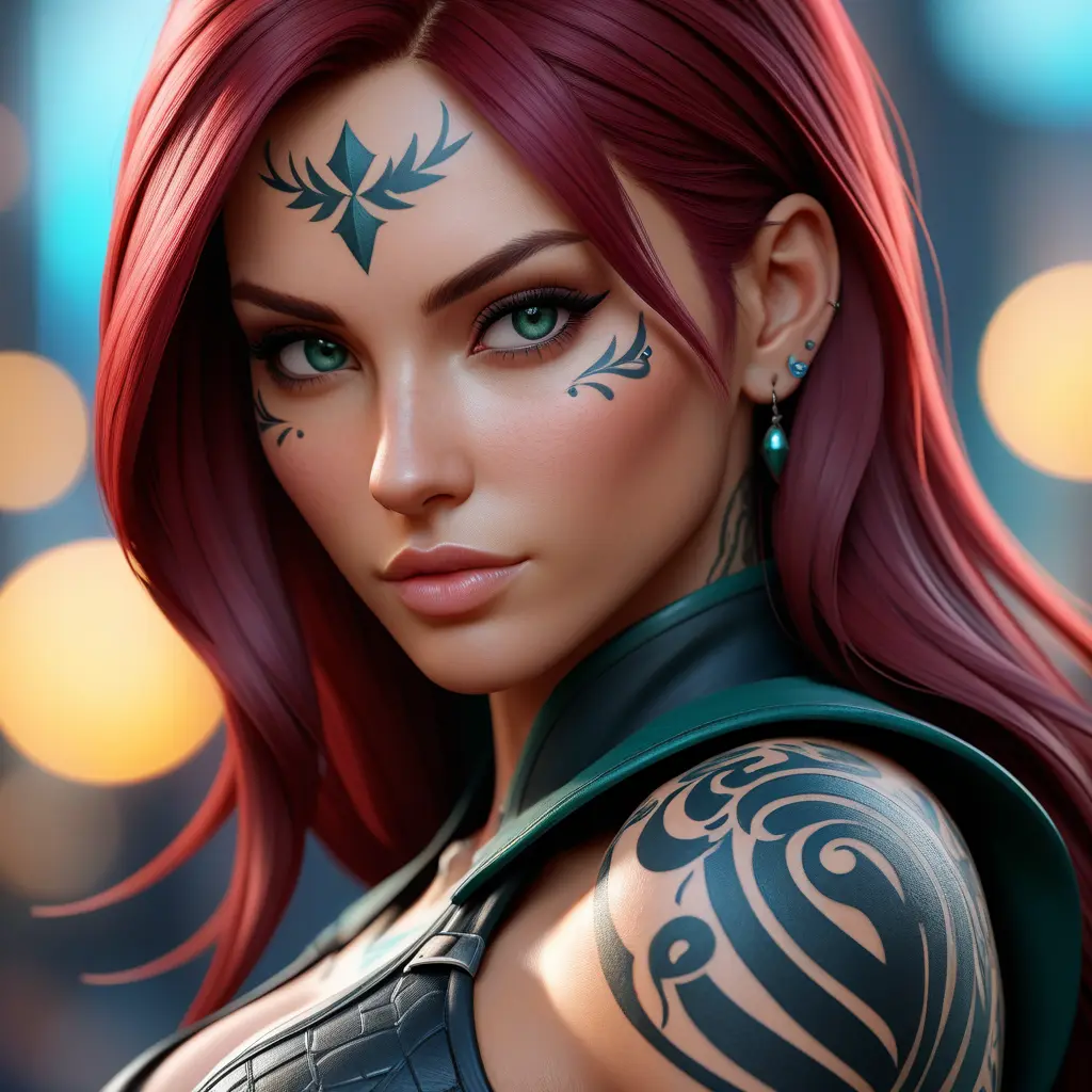 Close up of Katarina with tattoos, 8k, Highly Detailed, Artstation, Bokeh effect, Sharp Focus, Volumetric Lighting, Concept Art by Stanley Artgerm Lau, Greg Rutkowski