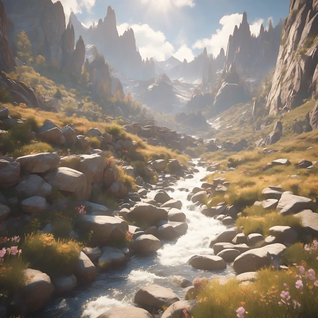 Lake in mountains streams and rivers flow down slopes of mountains and rocks into the valley spring in mountains, 8k, Award-Winning, Highly Detailed, Beautiful, Octane Render, Unreal Engine, Radiant, Volumetric Lighting by Greg Rutkowski