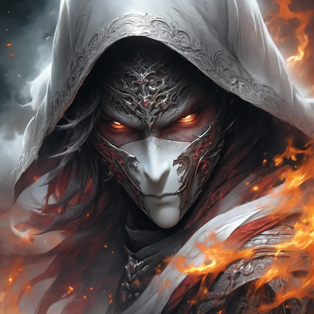 White Assassin emerging from a firey fog of battle, ink splash, Highly Detailed, Vibrant Colors, Ink Art, Fantasy, Dark by Stanley Artgerm Lau