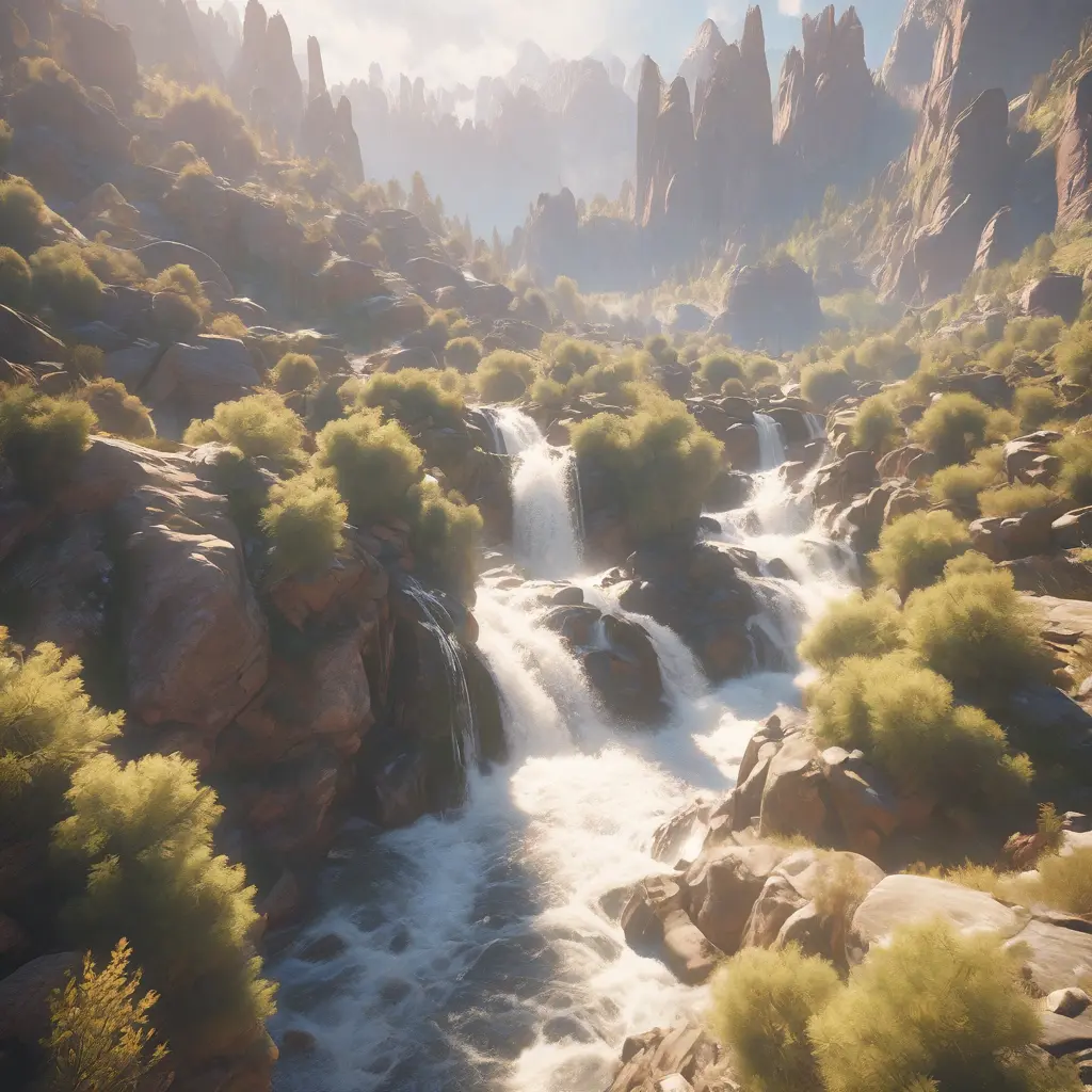 Lake in mountains streams and rivers flow down slopes of mountains and rocks into the valley spring in mountains, 8k, Award-Winning, Highly Detailed, Beautiful, Octane Render, Unreal Engine, Radiant, Volumetric Lighting by Greg Rutkowski