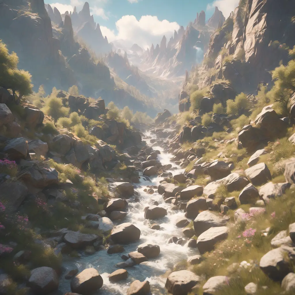 Lake in mountains streams and rivers flow down slopes of mountains and rocks into the valley spring in mountains, 8k, Award-Winning, Highly Detailed, Beautiful, Octane Render, Unreal Engine, Radiant, Volumetric Lighting by Greg Rutkowski