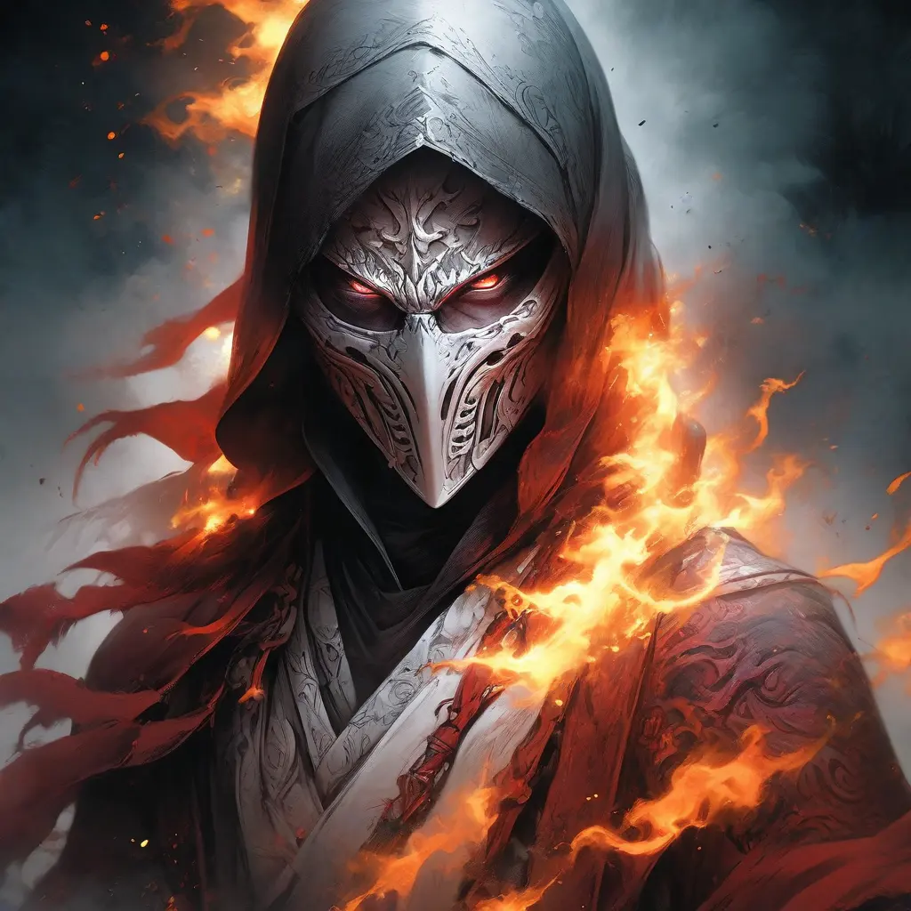 White Assassin emerging from a firey fog of battle, ink splash, Highly Detailed, Vibrant Colors, Ink Art, Fantasy, Dark by Stanley Artgerm Lau