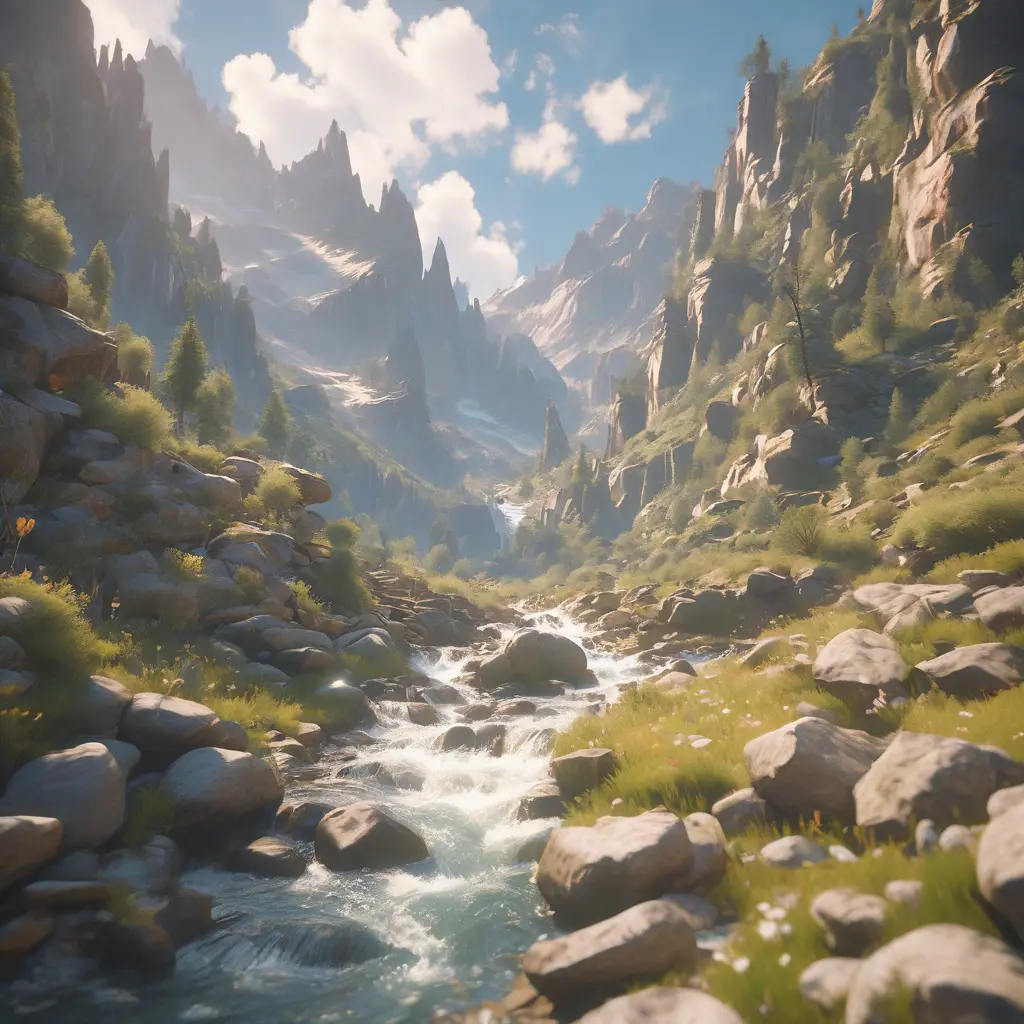 Lake in mountains streams and rivers flow down slopes of mountains and rocks into the valley spring in mountains, 8k, Award-Winning, Highly Detailed, Beautiful, Octane Render, Unreal Engine, Radiant, Volumetric Lighting by Greg Rutkowski