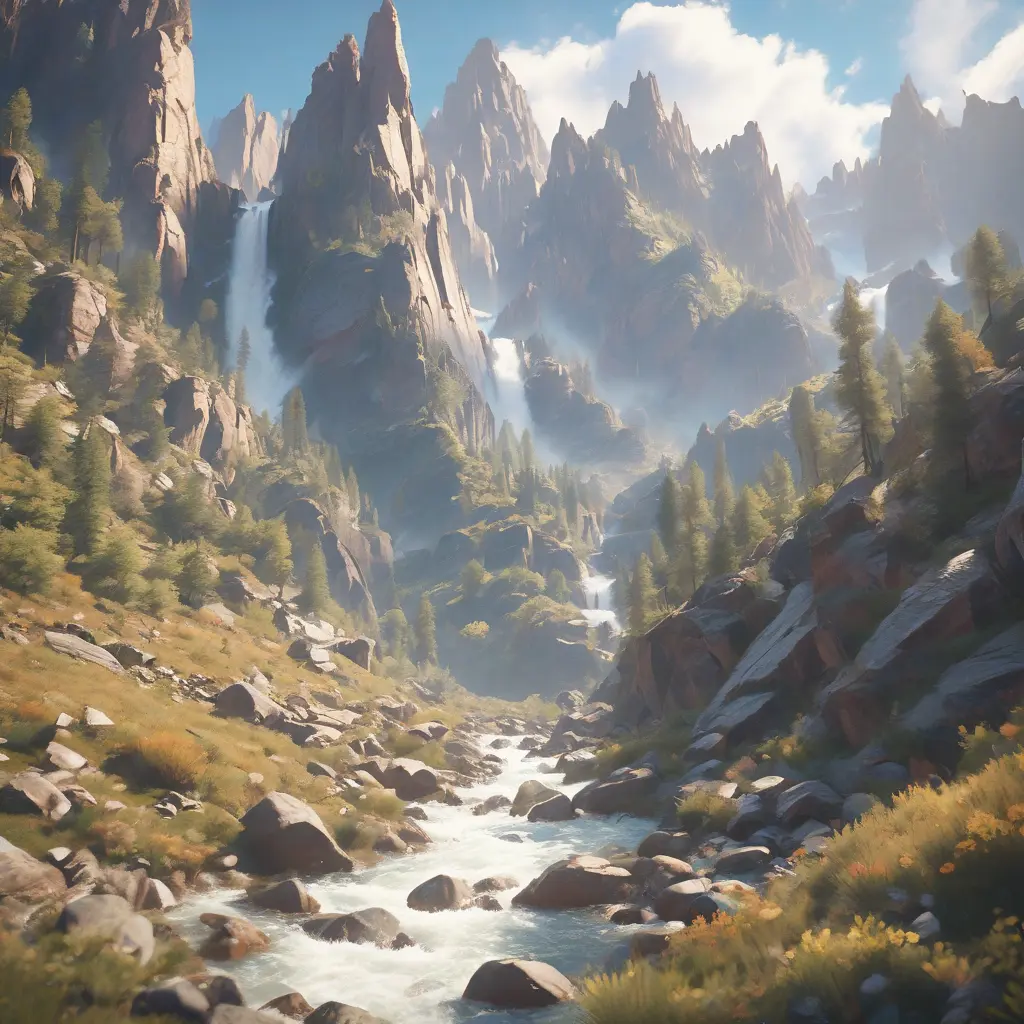Lake in mountains streams and rivers flow down slopes of mountains and rocks into the valley spring in mountains, 8k, Award-Winning, Highly Detailed, Beautiful, Octane Render, Unreal Engine, Radiant, Volumetric Lighting by Greg Rutkowski