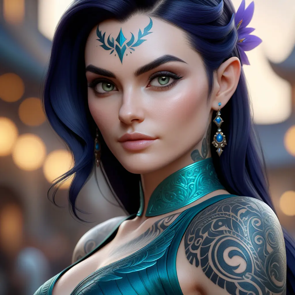 Close up of Morgana with tattoos, 8k, Highly Detailed, Artstation, Bokeh effect, Sharp Focus, Volumetric Lighting, Concept Art by Stanley Artgerm Lau, Greg Rutkowski
