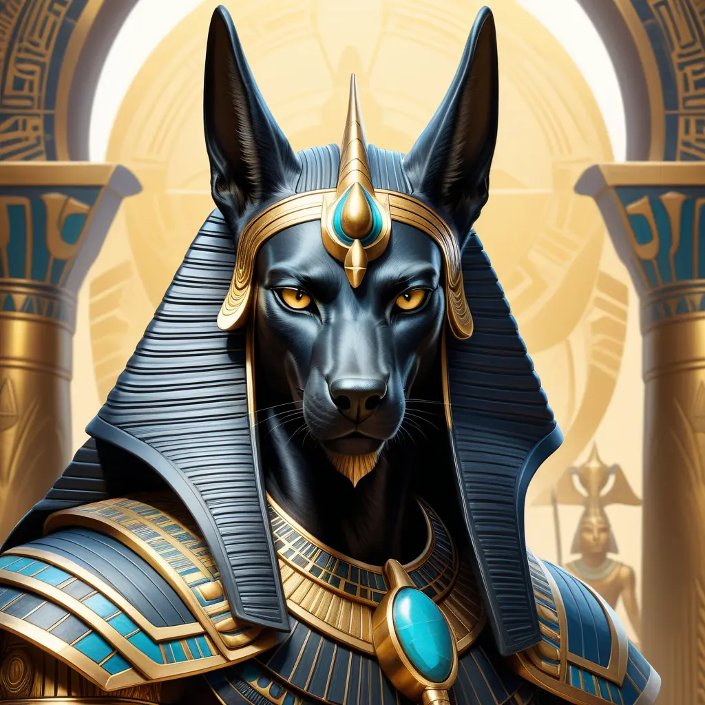 close up fierce looking egyptian god Anubis, 4k, Highly Detailed, Hyper Detailed, Powerful, Artstation, Vintage Illustration, Digital Painting, Sharp Focus, Smooth, Concept Art by Stanley Artgerm Lau, Alphonse Mucha, Greg Rutkowski