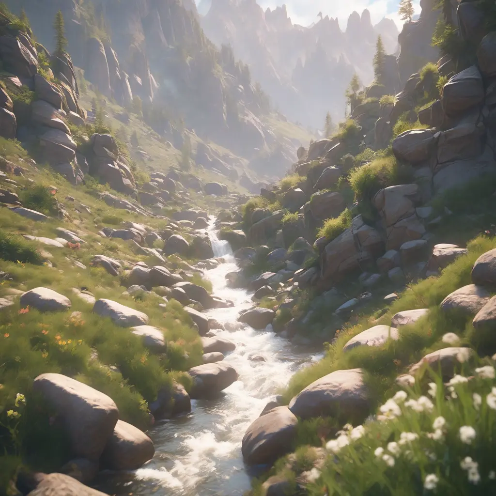 Lake in mountains streams and rivers flow down slopes of mountains and rocks into the valley spring in mountains, 8k, Award-Winning, Highly Detailed, Beautiful, Octane Render, Unreal Engine, Radiant, Volumetric Lighting by Greg Rutkowski