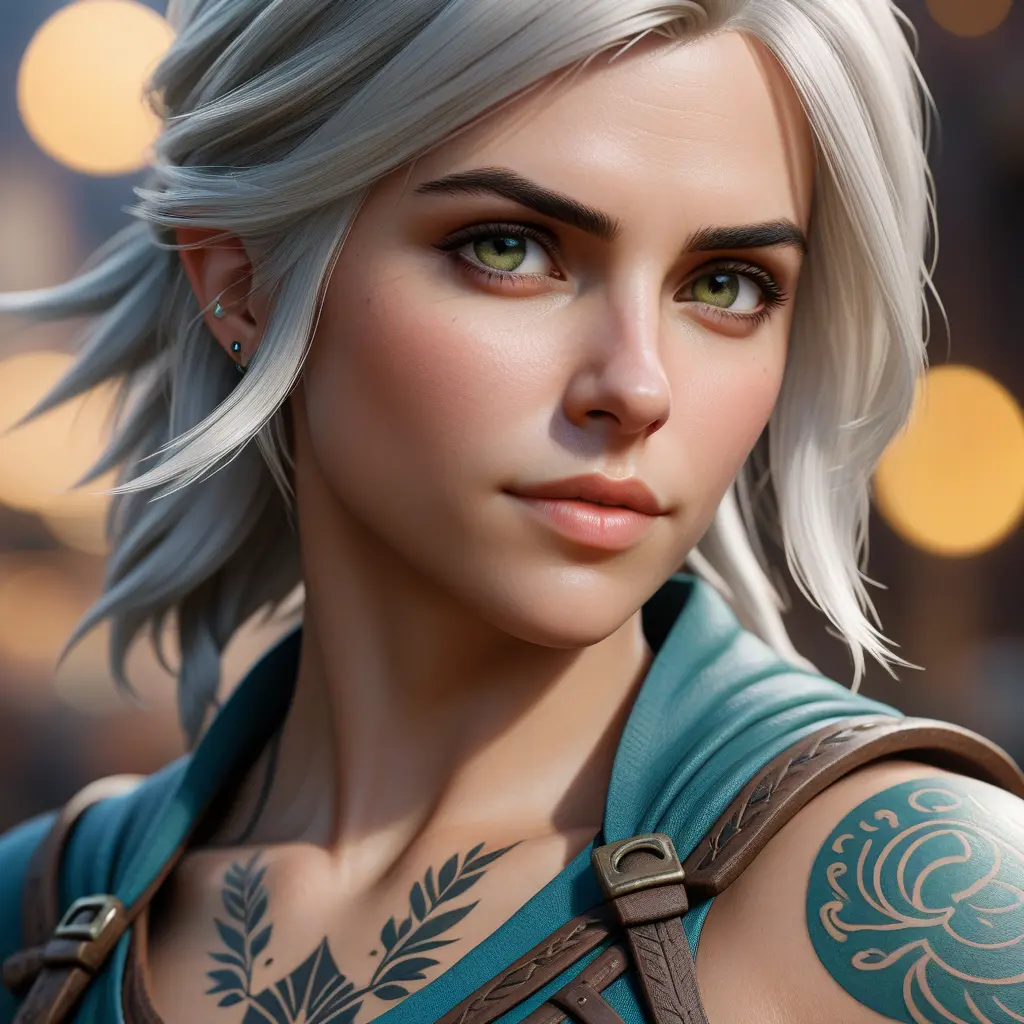 Close up of Ciri with tattoos, 8k, Highly Detailed, Artstation, Bokeh effect, Sharp Focus, Volumetric Lighting, Concept Art by Stanley Artgerm Lau, Greg Rutkowski