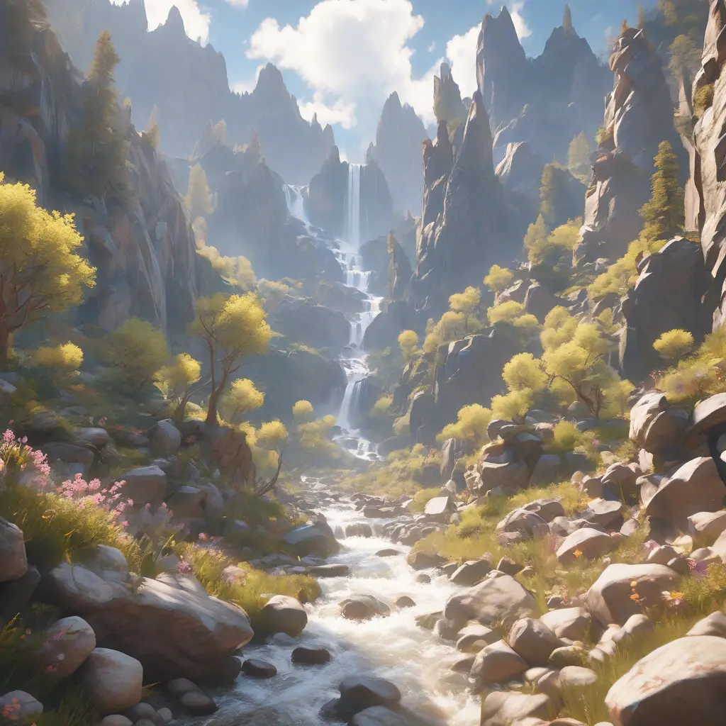Lake in mountains streams and rivers flow down slopes of mountains and rocks into the valley spring in mountains, 8k, Award-Winning, Highly Detailed, Beautiful, Octane Render, Unreal Engine, Radiant, Volumetric Lighting by Greg Rutkowski
