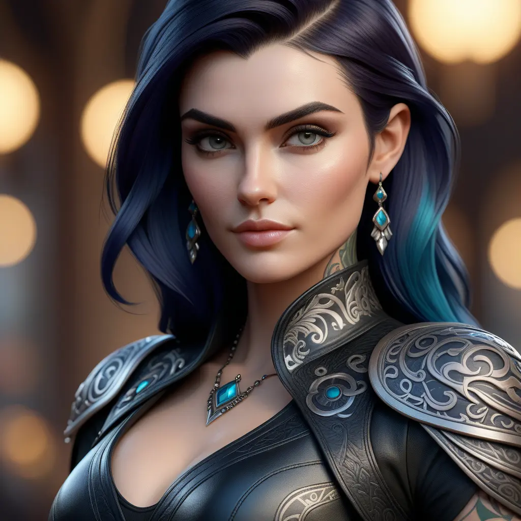 Close up of Morgana with tattoos wearing leather, 8k, Highly Detailed, Alluring, Artstation, Bokeh effect, Sharp Focus, Volumetric Lighting, Concept Art by Stanley Artgerm Lau, Greg Rutkowski