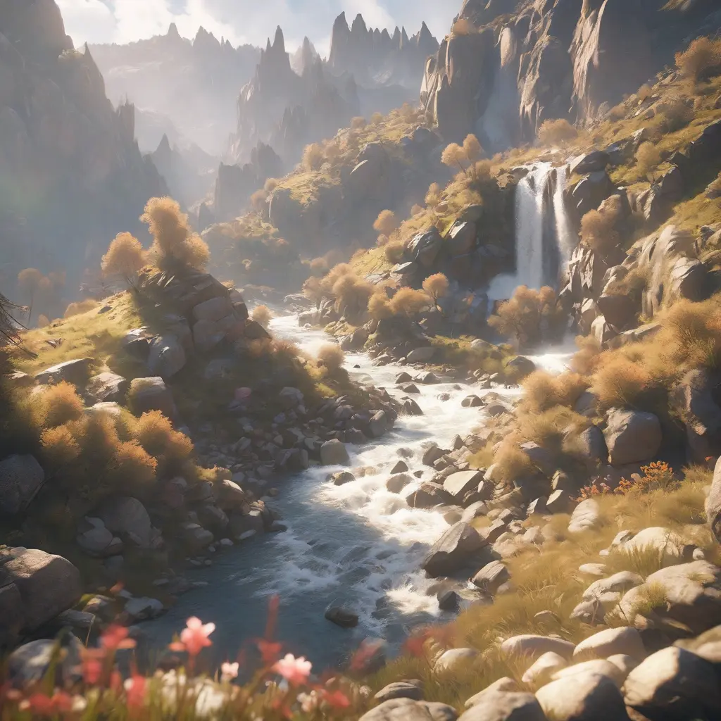 Lake in mountains streams and rivers flow down slopes of mountains and rocks into the valley spring in mountains, 8k, Award-Winning, Highly Detailed, Beautiful, Octane Render, Unreal Engine, Radiant, Volumetric Lighting by Greg Rutkowski