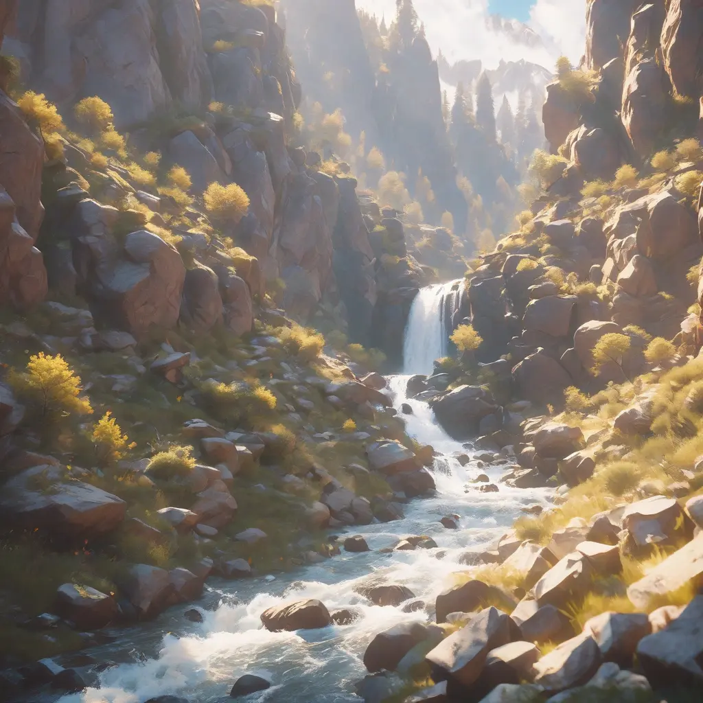 Lake in mountains streams and rivers flow down slopes of mountains and rocks into the valley spring in mountains, 8k, Award-Winning, Highly Detailed, Beautiful, Octane Render, Unreal Engine, Radiant, Volumetric Lighting by Greg Rutkowski