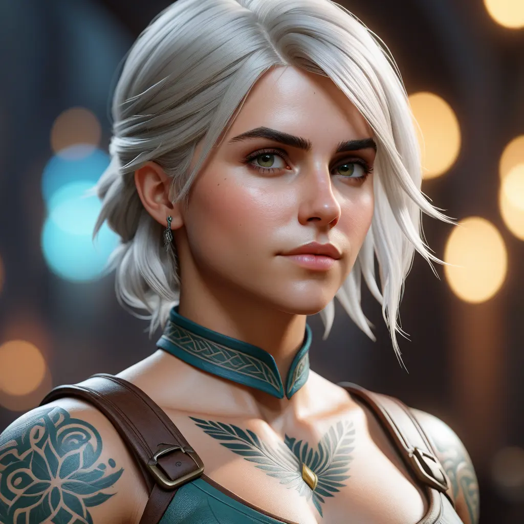 Close up of Ciri with tattoos, 8k, Highly Detailed, Artstation, Bokeh effect, Sharp Focus, Volumetric Lighting, Concept Art by Stanley Artgerm Lau, Greg Rutkowski