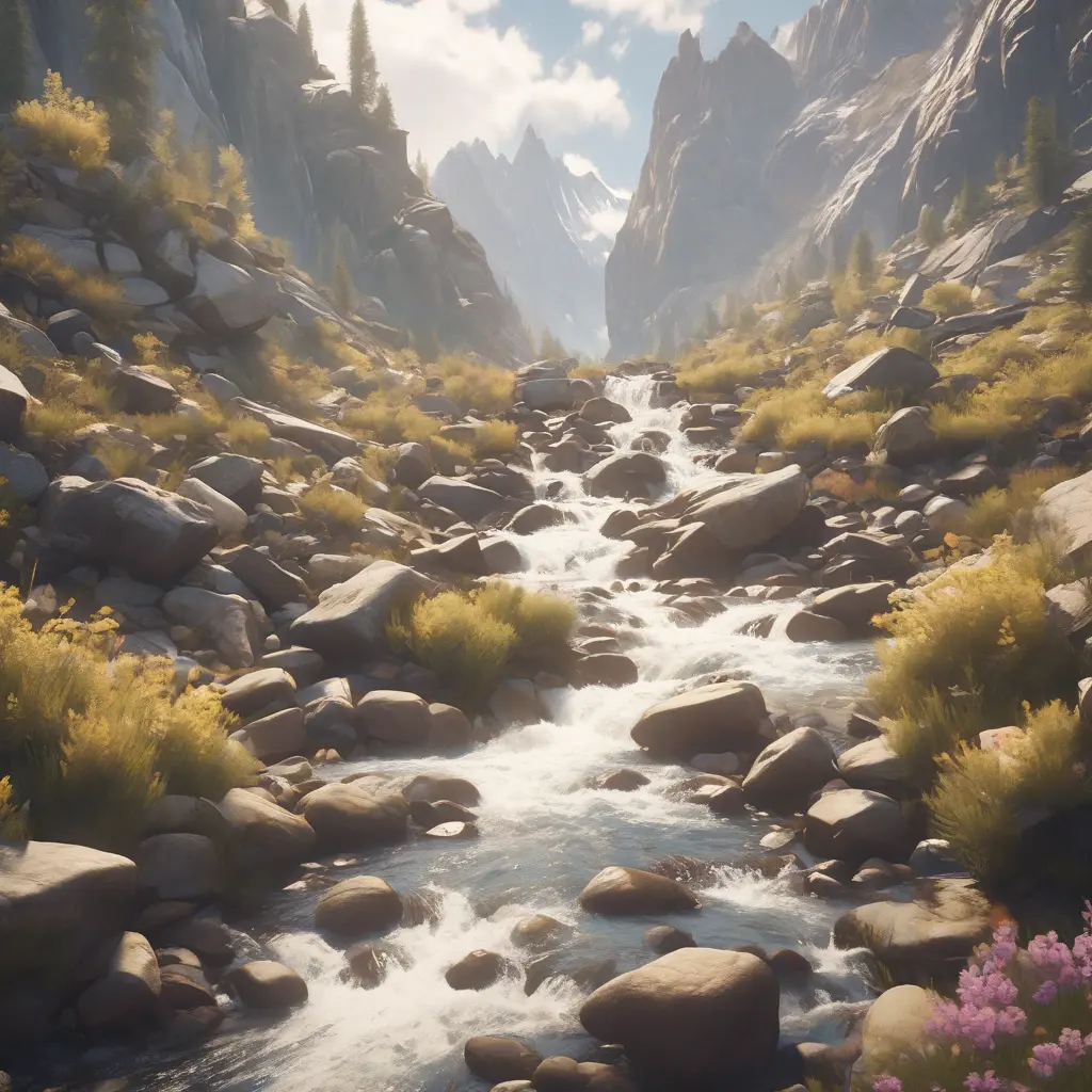 Lake in mountains streams and rivers flow down slopes of mountains and rocks into the valley spring in mountains, 8k, Award-Winning, Highly Detailed, Beautiful, Octane Render, Unreal Engine, Radiant, Volumetric Lighting by Greg Rutkowski