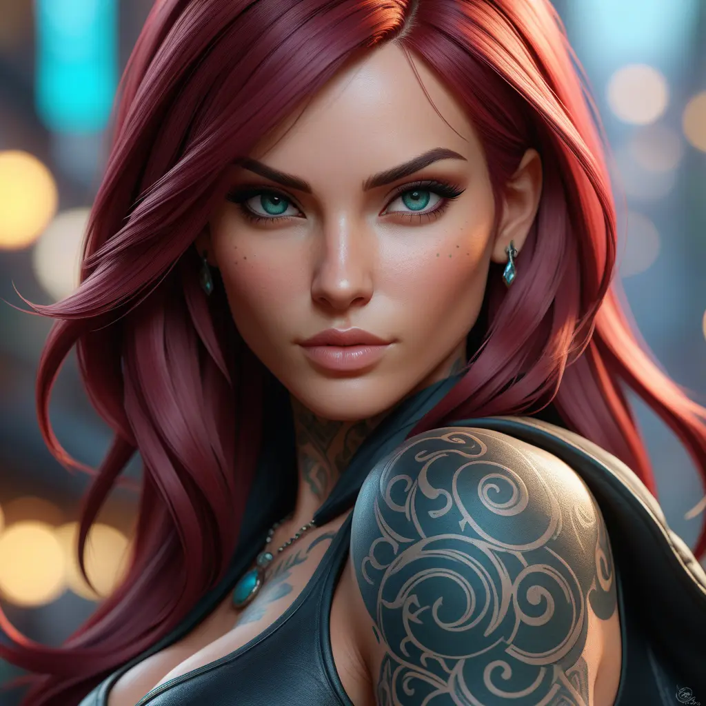 Close up of Katarina with tattoos, 8k, Highly Detailed, Artstation, Bokeh effect, Sharp Focus, Volumetric Lighting, Concept Art by Stanley Artgerm Lau, Greg Rutkowski