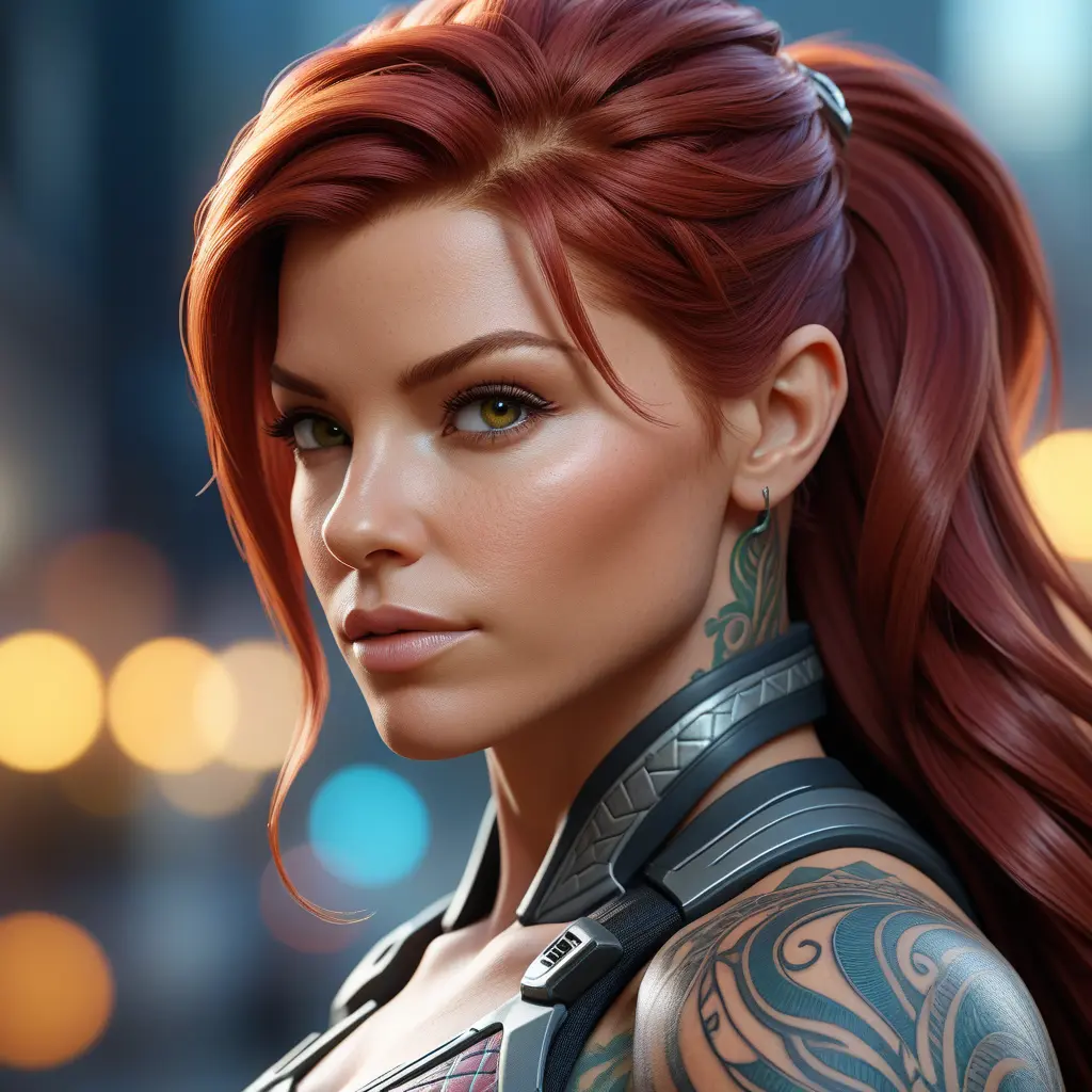 Close up of a red haired Sarah Kerrigan with tattoos, 8k, Highly Detailed, Artstation, Bokeh effect, Sharp Focus, Volumetric Lighting, Concept Art by Stanley Artgerm Lau, Greg Rutkowski