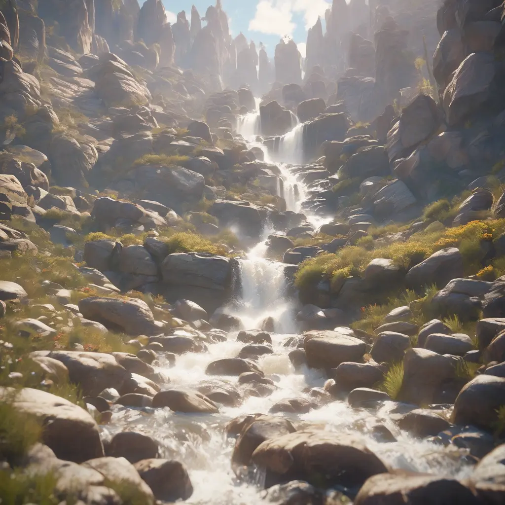 Lake in mountains streams and rivers flow down slopes of mountains and rocks into the valley spring in mountains, 8k, Award-Winning, Highly Detailed, Beautiful, Octane Render, Unreal Engine, Radiant, Volumetric Lighting by Greg Rutkowski