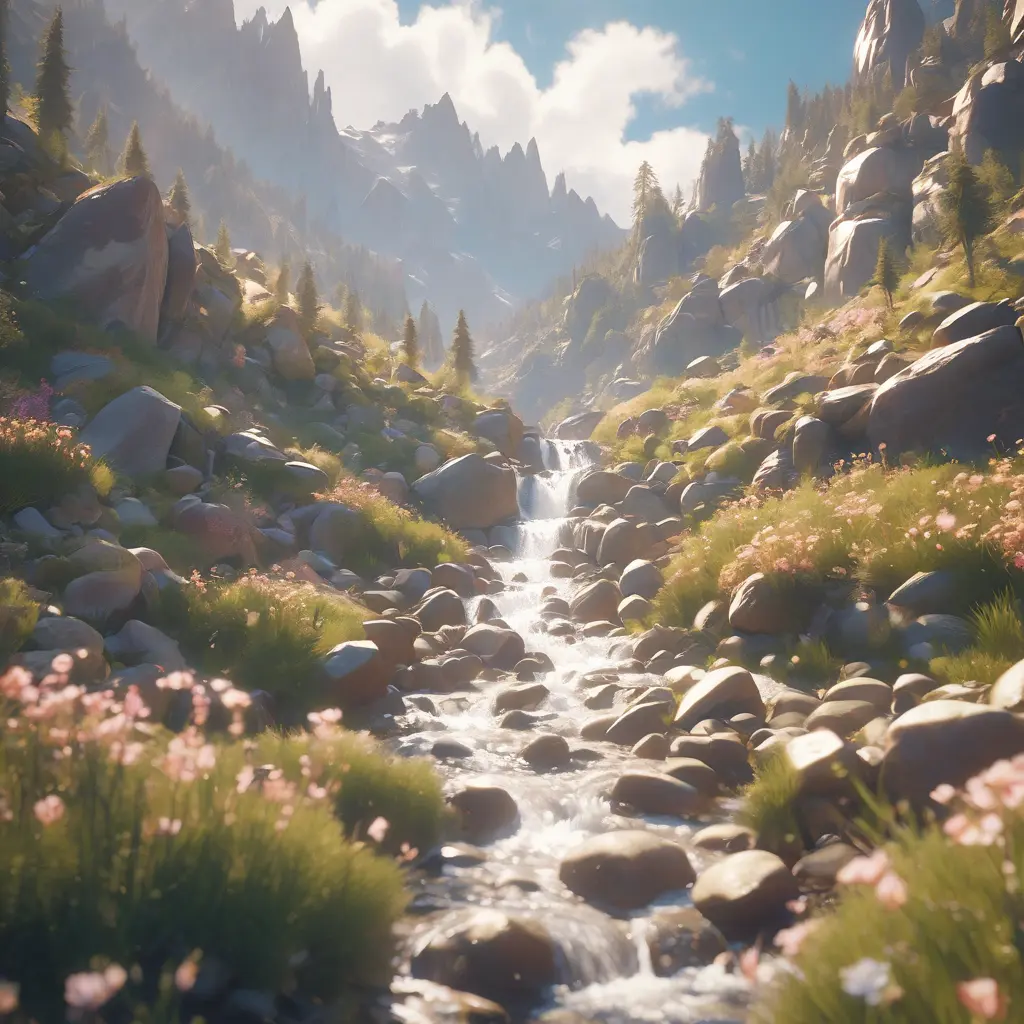 Lake in mountains streams and rivers flow down slopes of mountains and rocks into the valley spring in mountains, 8k, Award-Winning, Highly Detailed, Beautiful, Octane Render, Unreal Engine, Radiant, Volumetric Lighting by Greg Rutkowski