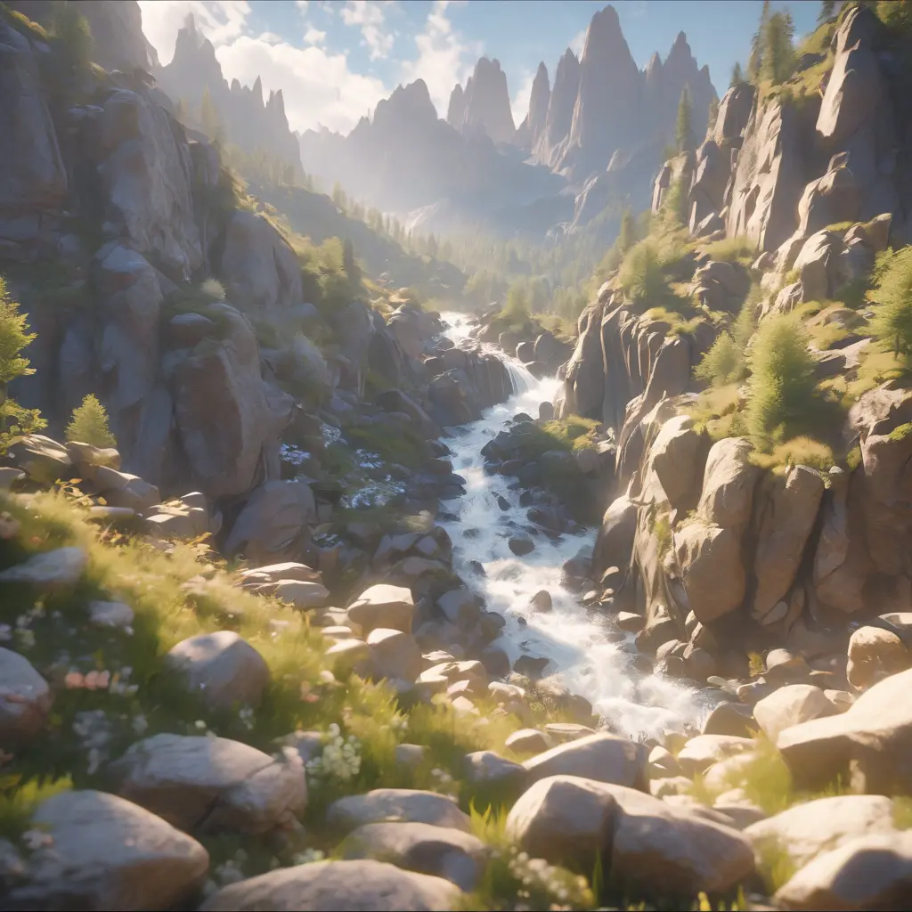 Lake in mountains streams and rivers flow down slopes of mountains and rocks into the valley spring in mountains, 8k, Award-Winning, Highly Detailed, Beautiful, Octane Render, Unreal Engine, Radiant, Volumetric Lighting by Greg Rutkowski