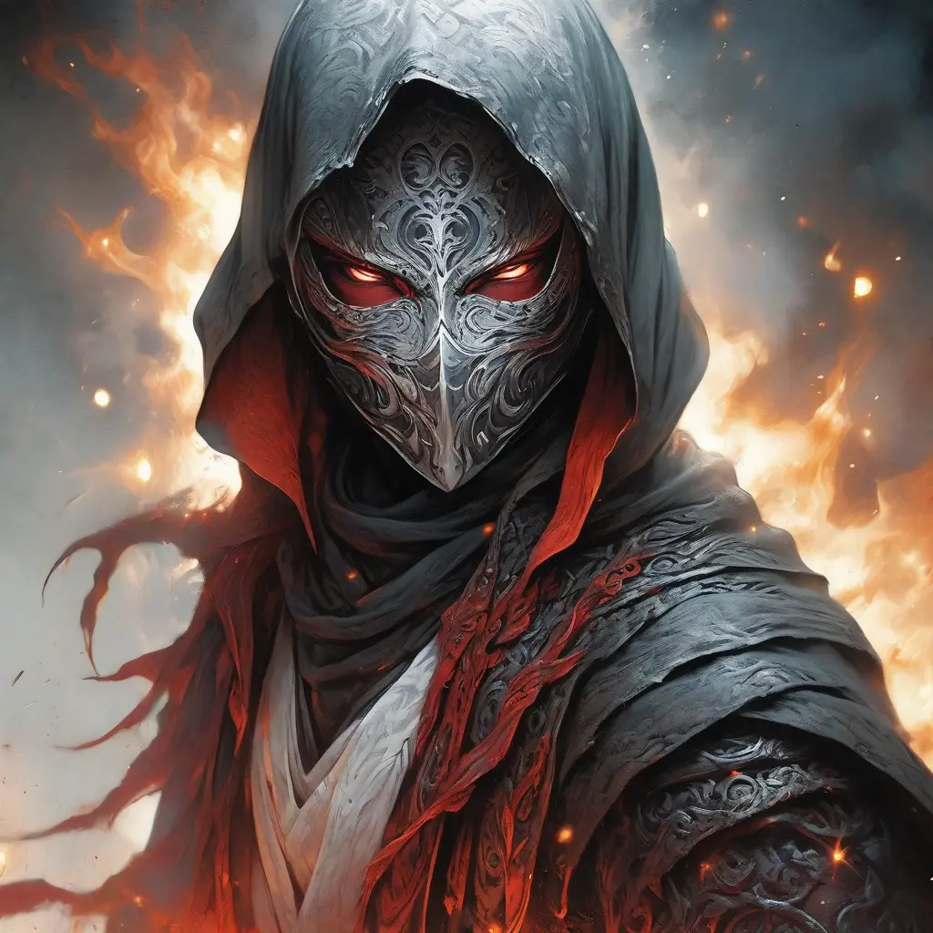 White Assassin emerging from a firey fog of battle, ink splash, Highly Detailed, Vibrant Colors, Ink Art, Fantasy, Dark by Stanley Artgerm Lau