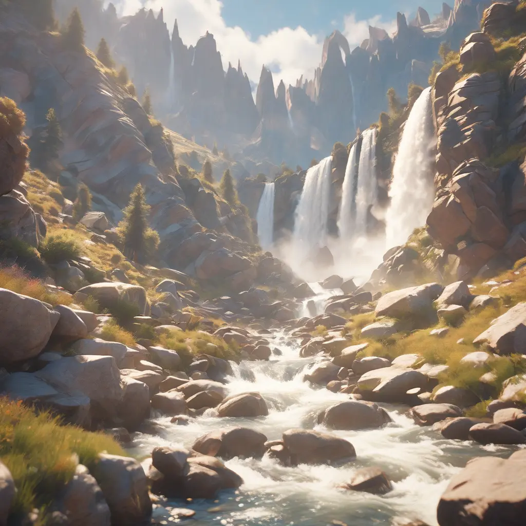 Lake in mountains streams and rivers flow down slopes of mountains and rocks into the valley spring in mountains, 8k, Award-Winning, Highly Detailed, Beautiful, Octane Render, Unreal Engine, Radiant, Volumetric Lighting by Greg Rutkowski