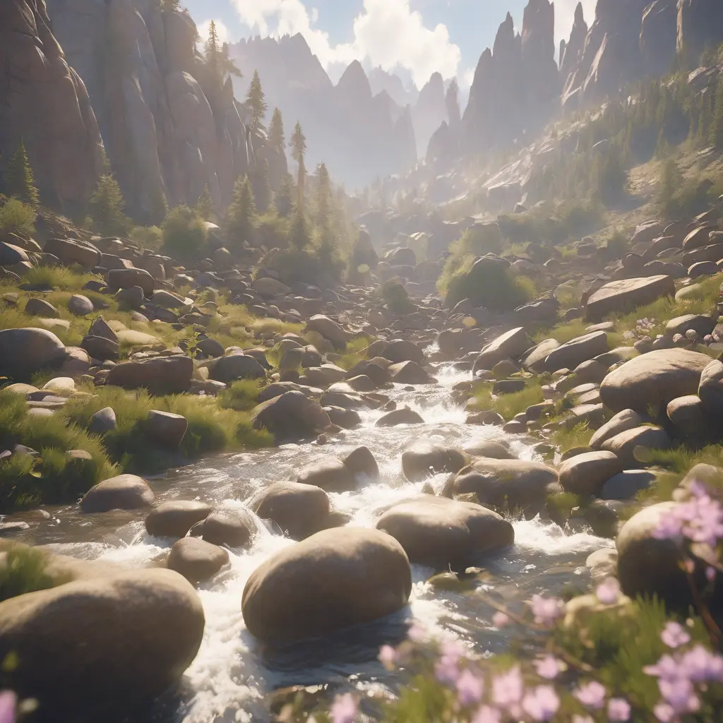 Lake in mountains streams and rivers flow down slopes of mountains and rocks into the valley spring in mountains, 8k, Award-Winning, Highly Detailed, Beautiful, Octane Render, Unreal Engine, Radiant, Volumetric Lighting by Greg Rutkowski