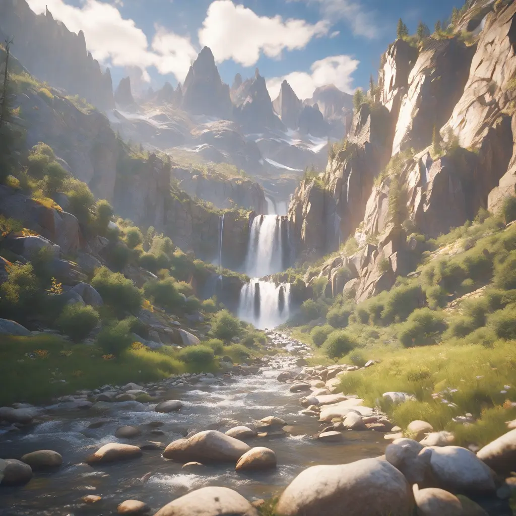 Lake in mountains streams and rivers flow down slopes of mountains and rocks into the valley spring in mountains, 8k, Award-Winning, Highly Detailed, Beautiful, Octane Render, Unreal Engine, Radiant, Volumetric Lighting by Greg Rutkowski
