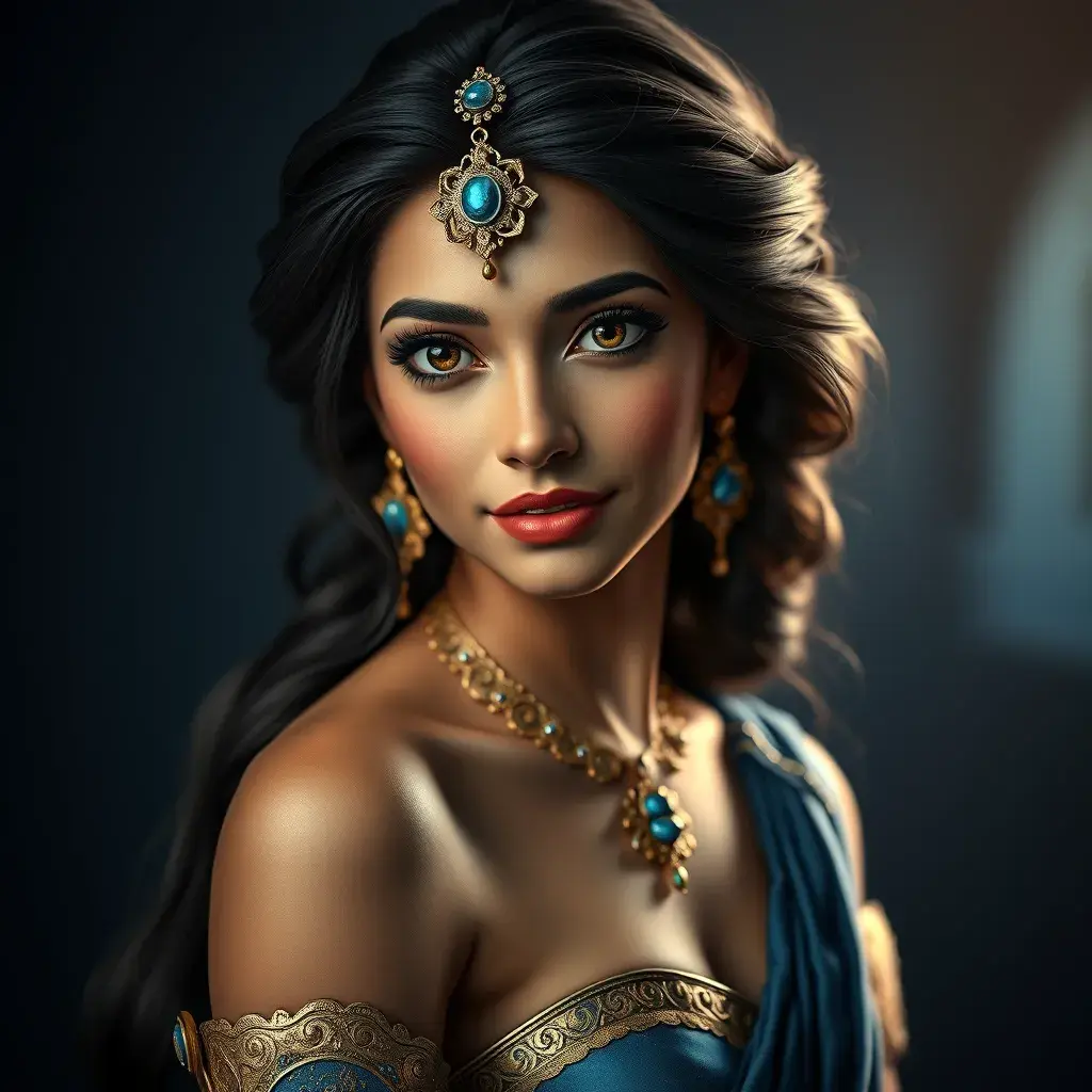 Matte portrait of the beautiful Princess Jasmine in dark blue, 8k, Highly Detailed, Intricate, Realistic, Sharp Focus, Volumetric Lighting, Fantasy, Elegant by Stanley Artgerm Lau, WLOP, Stefan Kostic