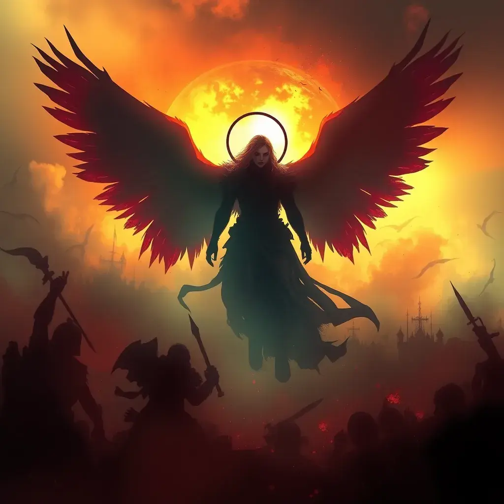 Silhouette of an Angel emerging from the fog of war, Highly Detailed, Vibrant Colors, Fantasy, Dark