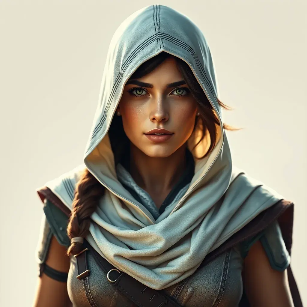 A beautiful Kassandra wearing a white hood in full Assassin's Creed style, Highly Detailed, Half Body, Sharp Focus, Volumetric Lighting