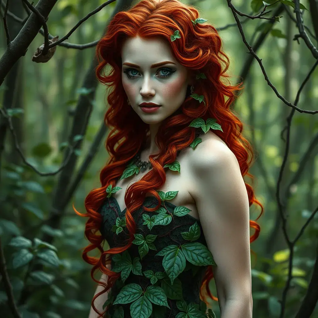 An alluring beautiful red headed Poison Ivy in a magical forest, Intricate, Full Body, Photo Realistic