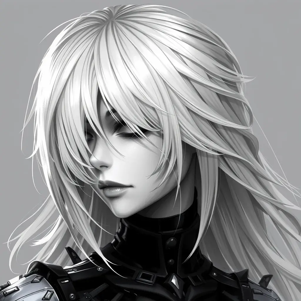 Black & White portrait of A2 from Nier Automata, Highly Detailed, Intricate, Artstation, Beautiful, Digital Painting, Sharp Focus, Concept Art, Elegant