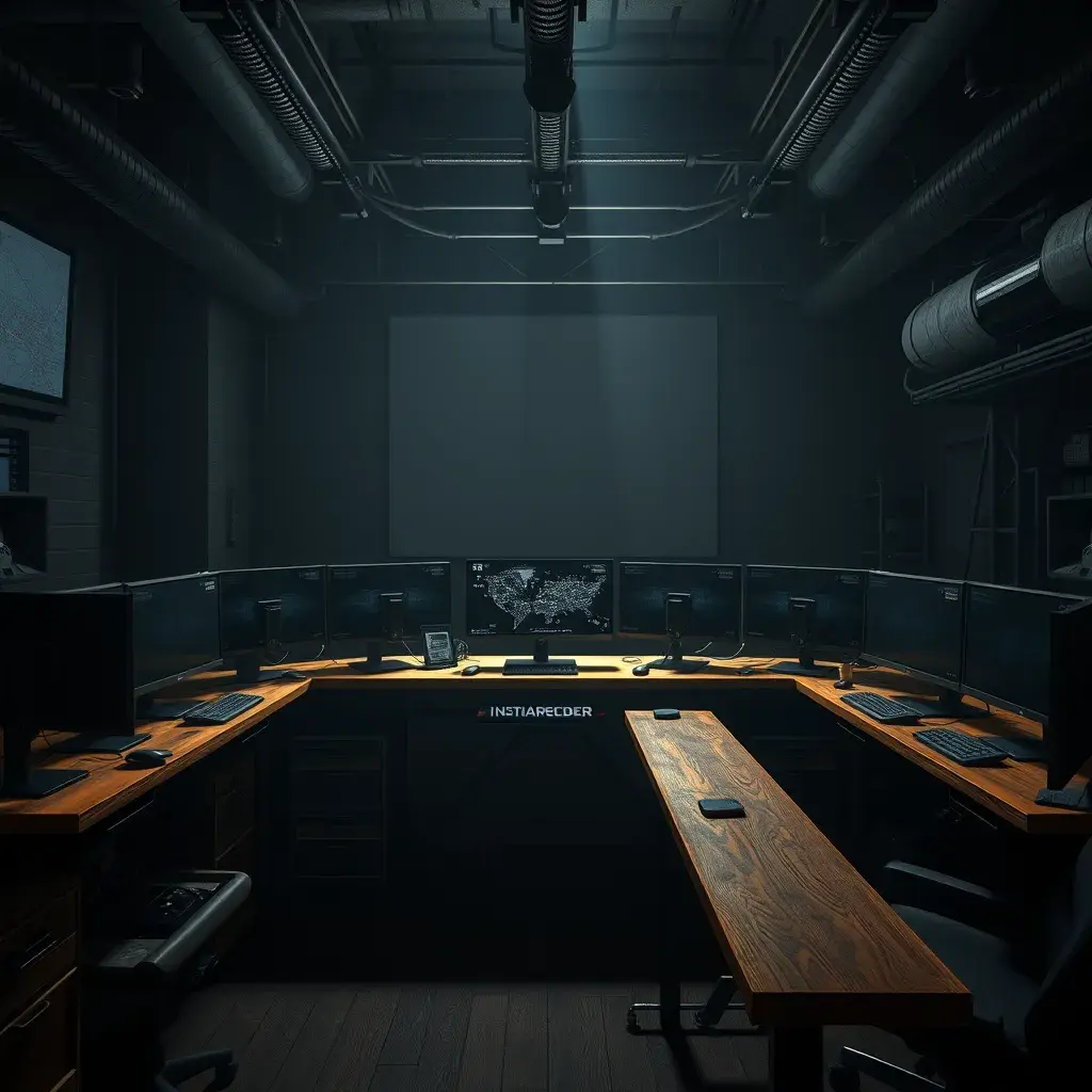 A dark industrial wood desk with many monitors, Photo Realistic, Volumetric light effect, Octane Render, Unreal Engine, Ambient Occlusion, Maximalism, Industrial