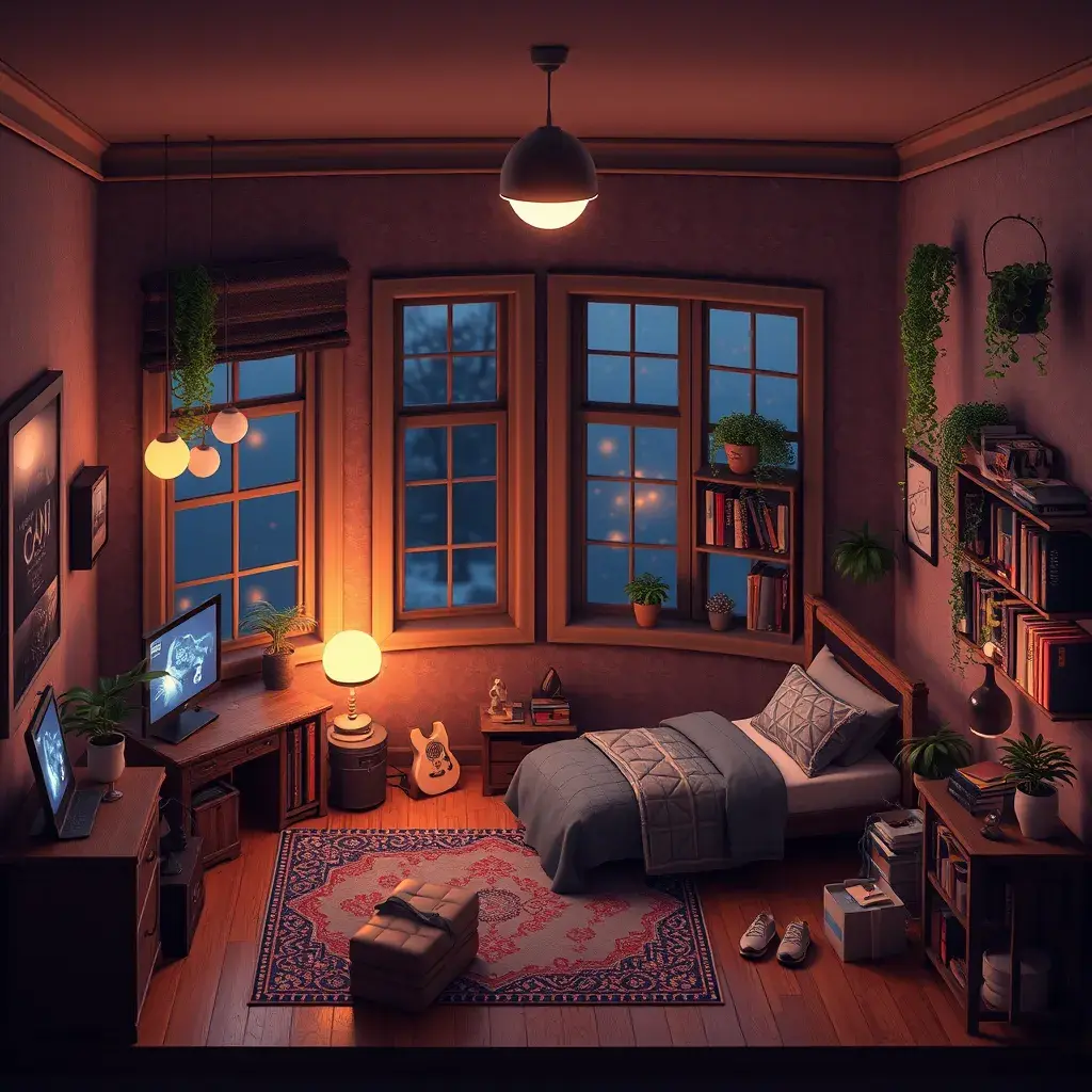 Nostalgic bedroom with a gaming pc, windows, plants bookshelves, desk, 3d art, muted colors, perfect lighting, night time, Highly Detailed, Behance, Isometric, 3D Rendering, Concept Art by WLOP