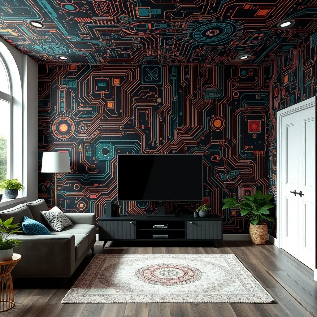 Imagine a modern and technology-inspired living room with a unique twist. The centerpiece of the room is a striking circuit board interior wallpaper that covers one wall. The wallpaper features intricate circuit board diagrams, electronic symbols, and vibrant metallic tones, Vintage Illustration, Retro-Futurism, Sci-Fi by Stefan Kostic