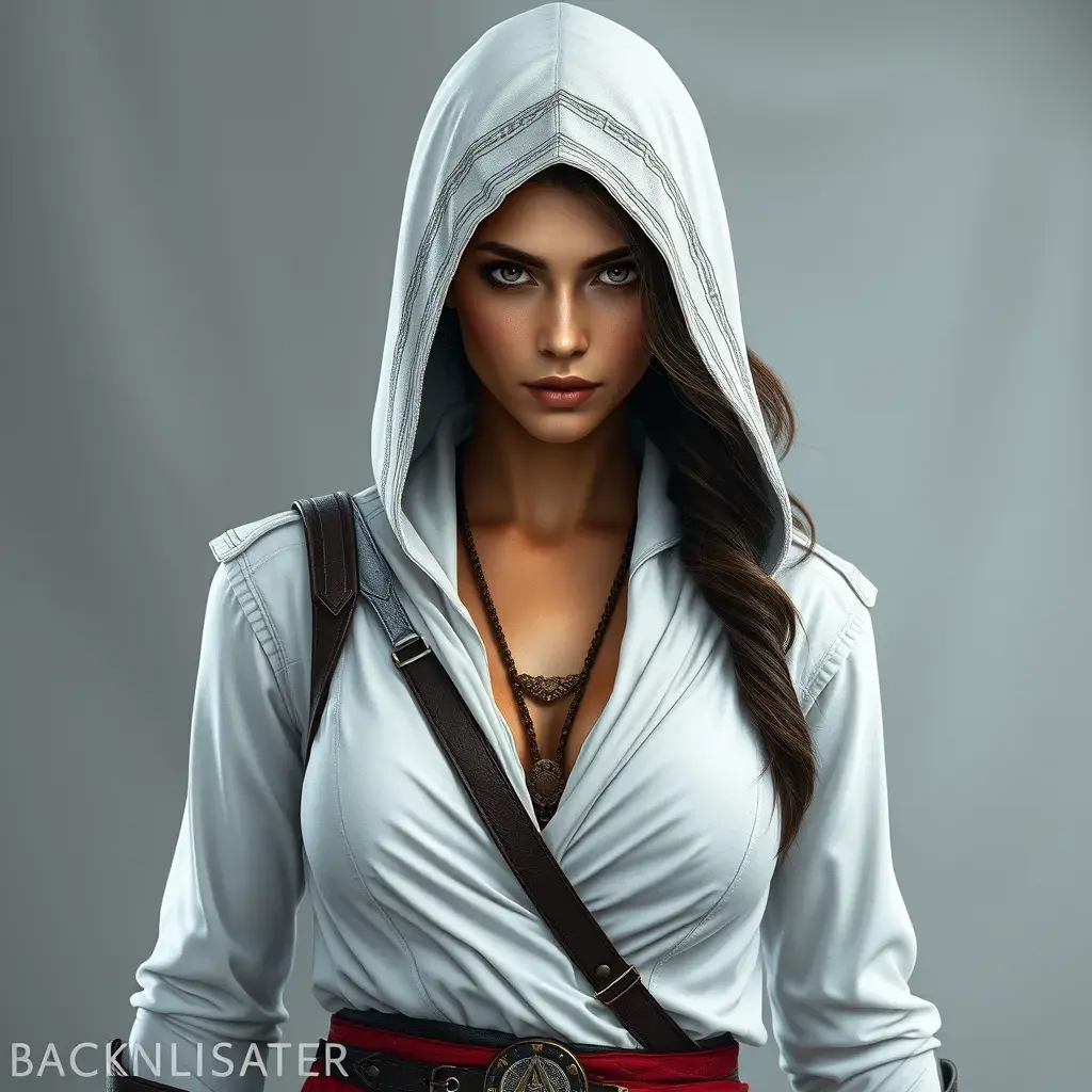 Alluring full body portrait of a beautiful Kassandra in white Assassin Creed style, 8k, Highly Detailed, Intricate, Photo Realistic, Sharp Focus, Volumetric Lighting, Fantasy, Elegant