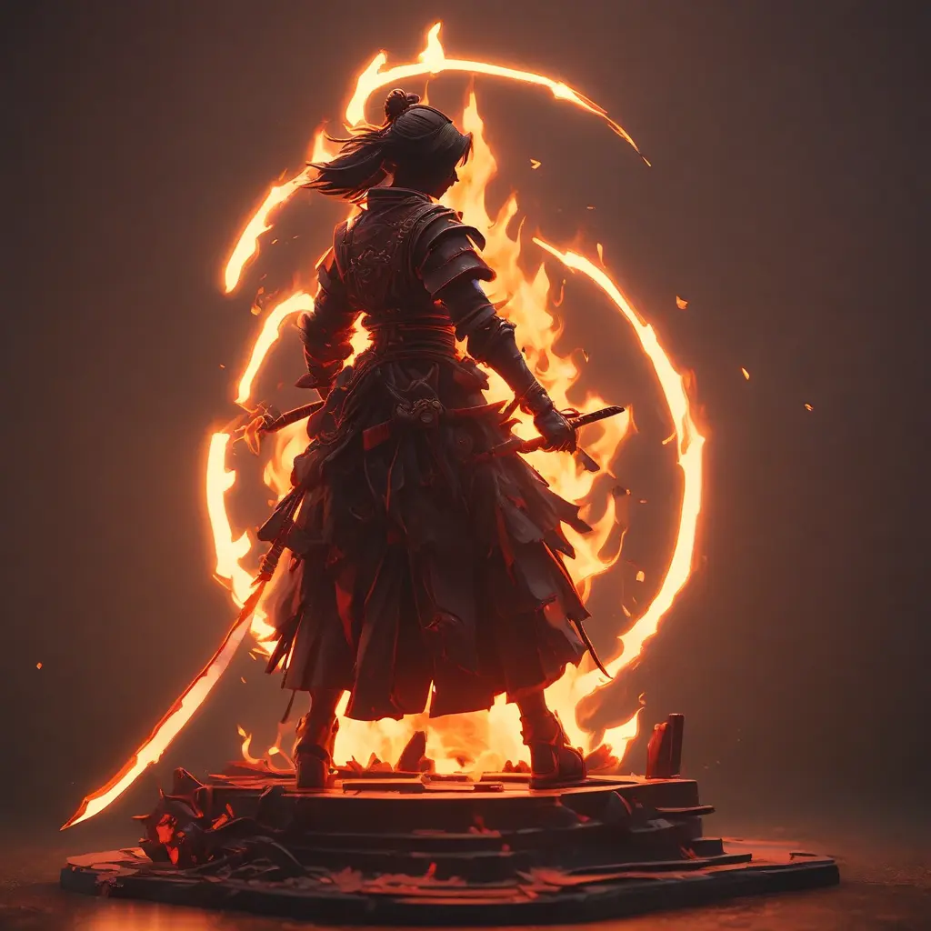 Silhouette of a samurai female assassin in the style of Fire watch, 8k, Dystopian, Trending on Artstation, Volumetric Lighting