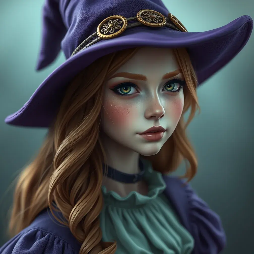 Matte portrait of a beautiful Kiki the witch with a purple hat, 4k resolution, Highly Detailed, Hyper Detailed, Beautiful, Sharp Focus, Fantasy by Stanley Artgerm Lau