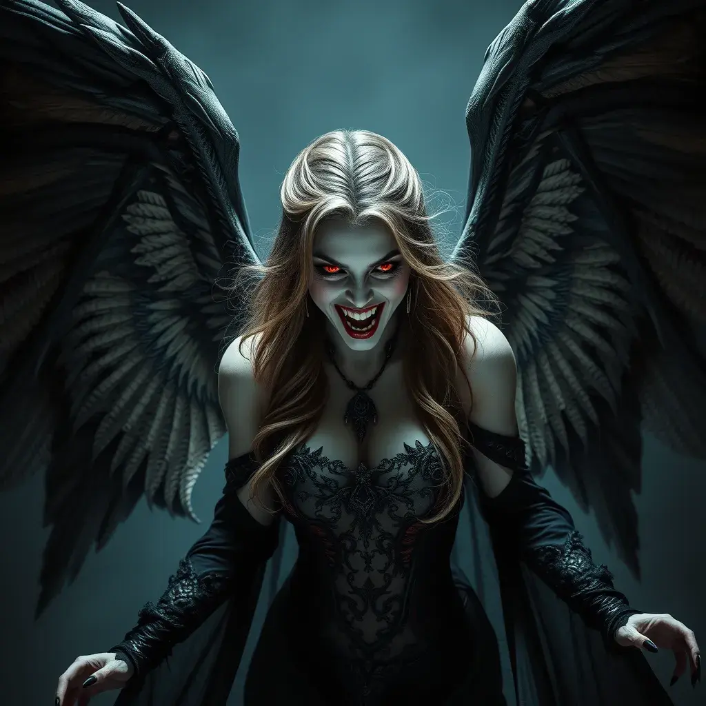 A beautiful fierce winged romanian vampire woman with fangs, red eyes, Intricate Details, Masterpiece, Full Body, Gothic, Photo Realistic, Deviantart, Volumetric Lighting