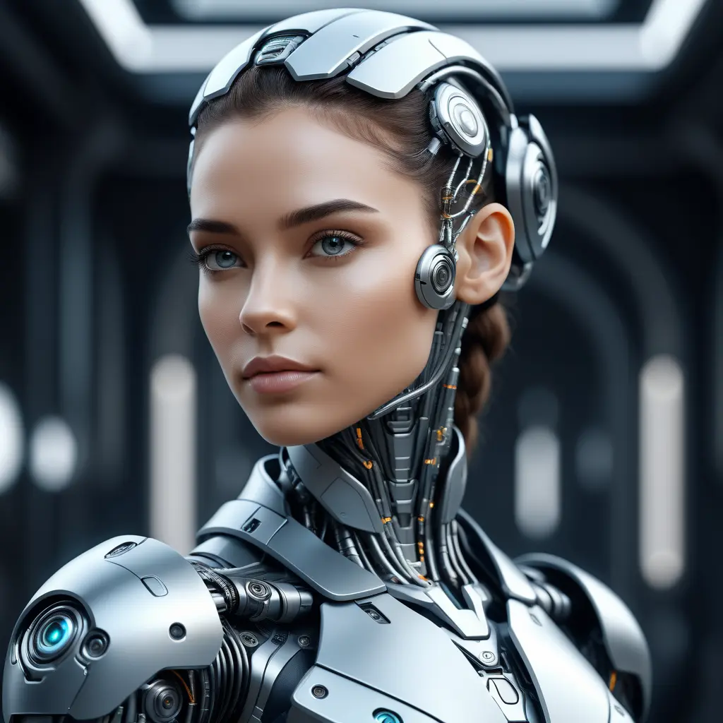 Alluring highly detailed matte portrait of a beautiful cyborg in the style of Stefan Kostic, 8k, High Definition, Highly Detailed, Intricate, Half Body, Realistic, Sharp Focus, Fantasy, Elegant