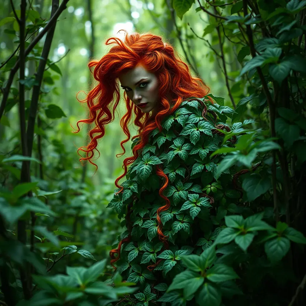 An fierce red headed Poison Ivy in an ivy forest, Intricate, Half Body, Photo Realistic