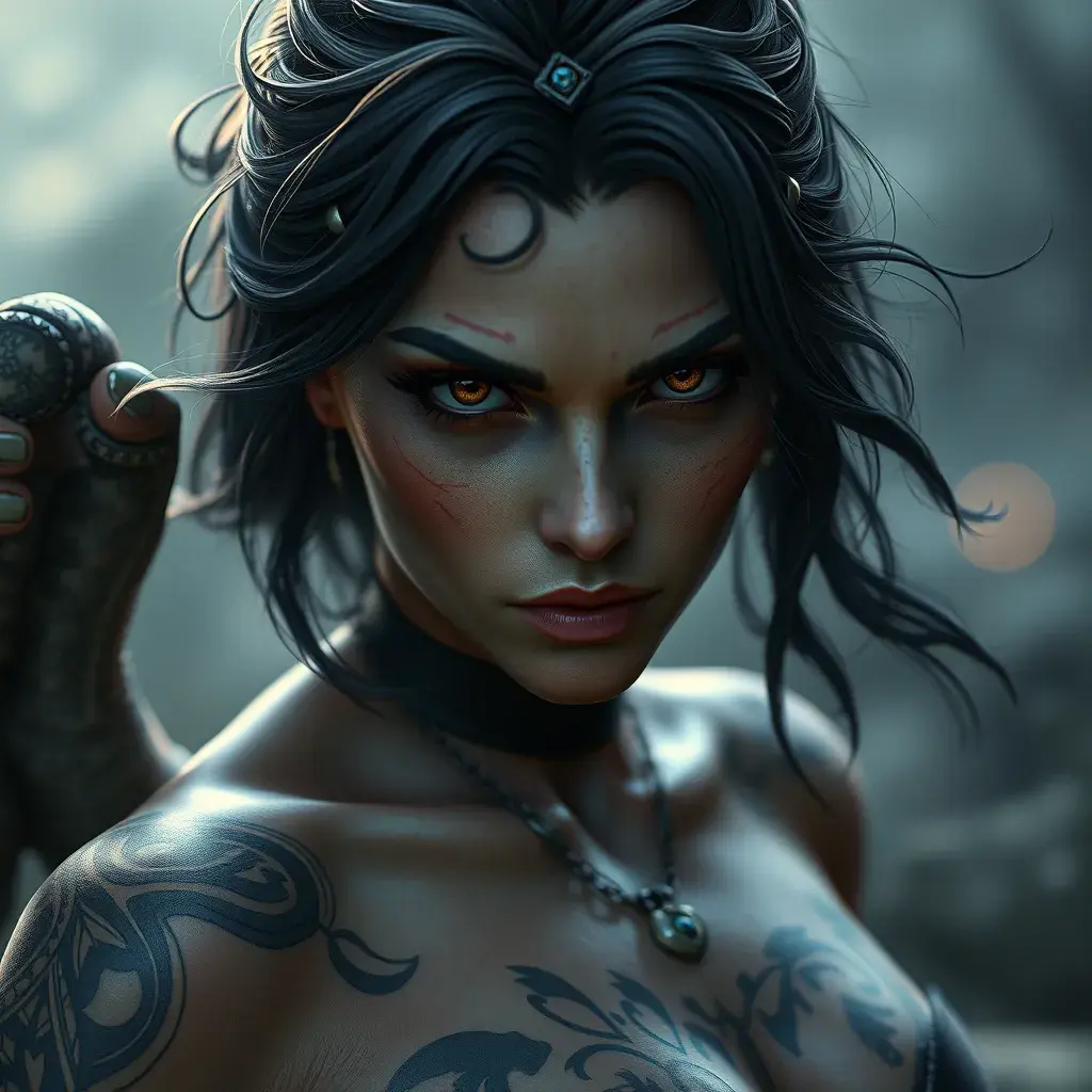 Close up of Morgana with tattoos, 8k, Highly Detailed, Artstation, Bokeh effect, Sharp Focus, Volumetric Lighting, Concept Art by Stanley Artgerm Lau, Greg Rutkowski