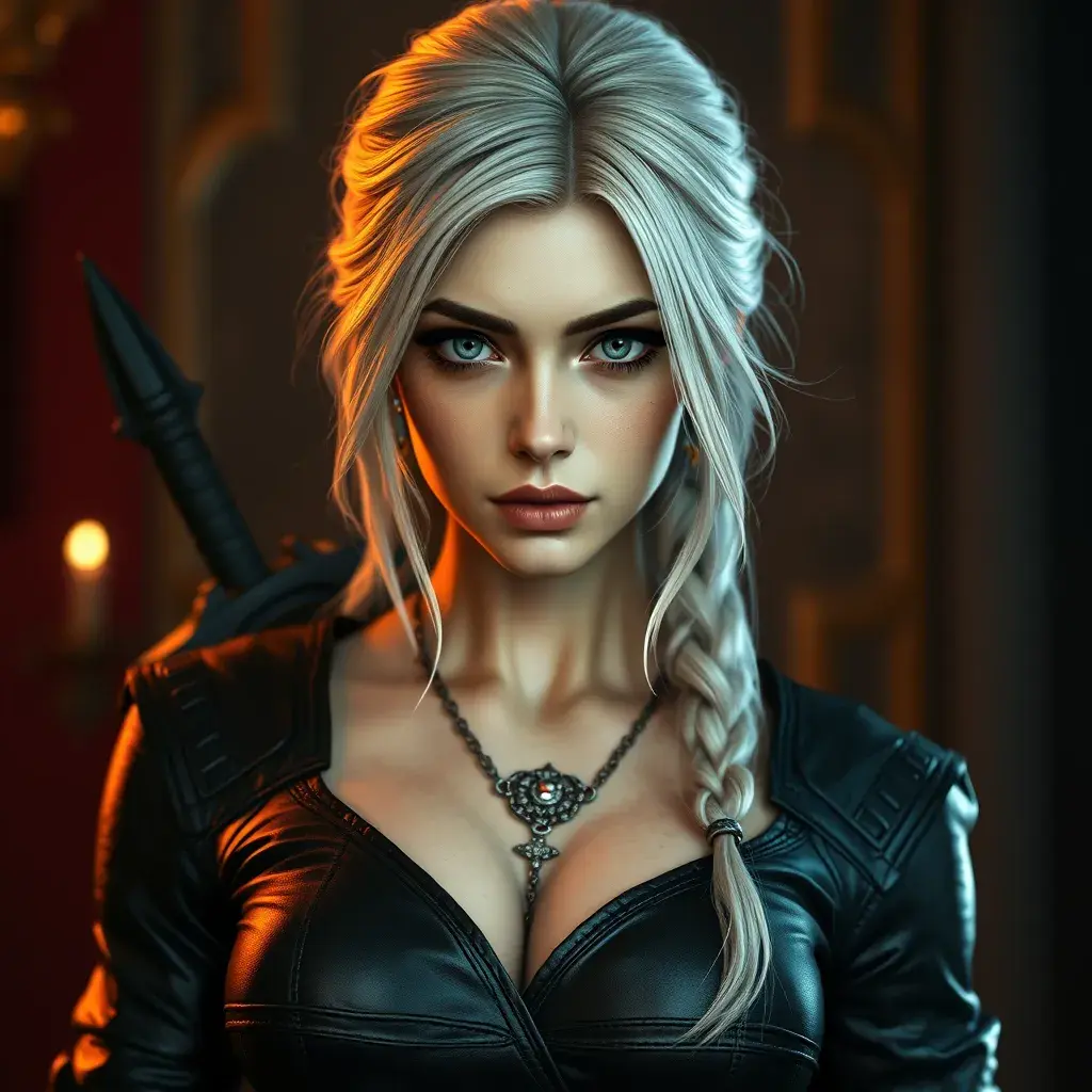 Alluring matte full body portrait of a beautiful Ciri from the Witcher 3 wearing black leather, 8k, Highly Detailed, Intricate, Realistic, Sharp Focus, Volumetric Lighting, Fantasy, Elegant by Stanley Artgerm Lau, WLOP