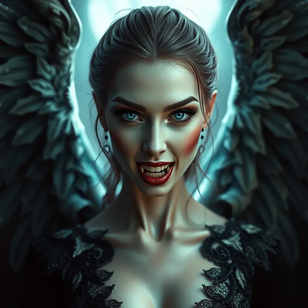 A beautiful winged romanian vampire woman with penetrating eyes, fangs, perfect face, 8k, Hyper Detailed, Intricate Details, Masterpiece, Contemporary, Full Body, Trending on Artstation, Gothic, Deviantart, Concept Art by Stefan Kostic