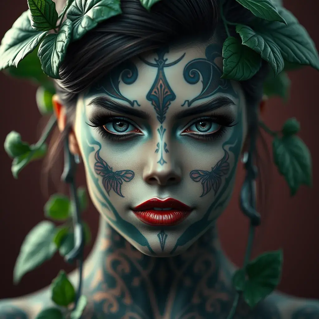 Closeup matte portrait of a tattooed Poison Ivy, symmetrical face, 8k, Highly Detailed, Intricate, Artstation, Sharp Focus, Volumetric Lighting, Concept Art by Stanley Artgerm Lau, Greg Rutkowski