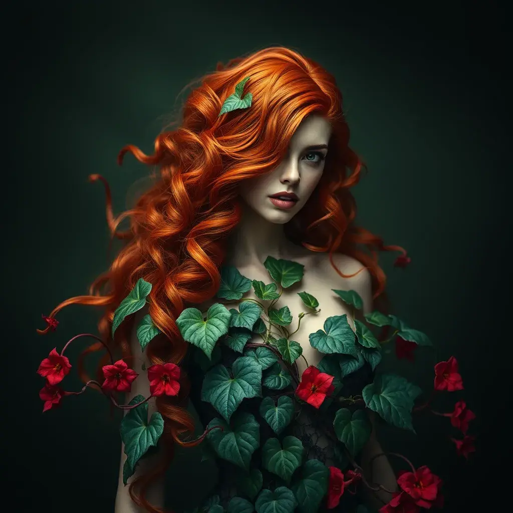 An beautiful fierce red headed Poison Ivy, Intricate, Half Body, Photo Realistic