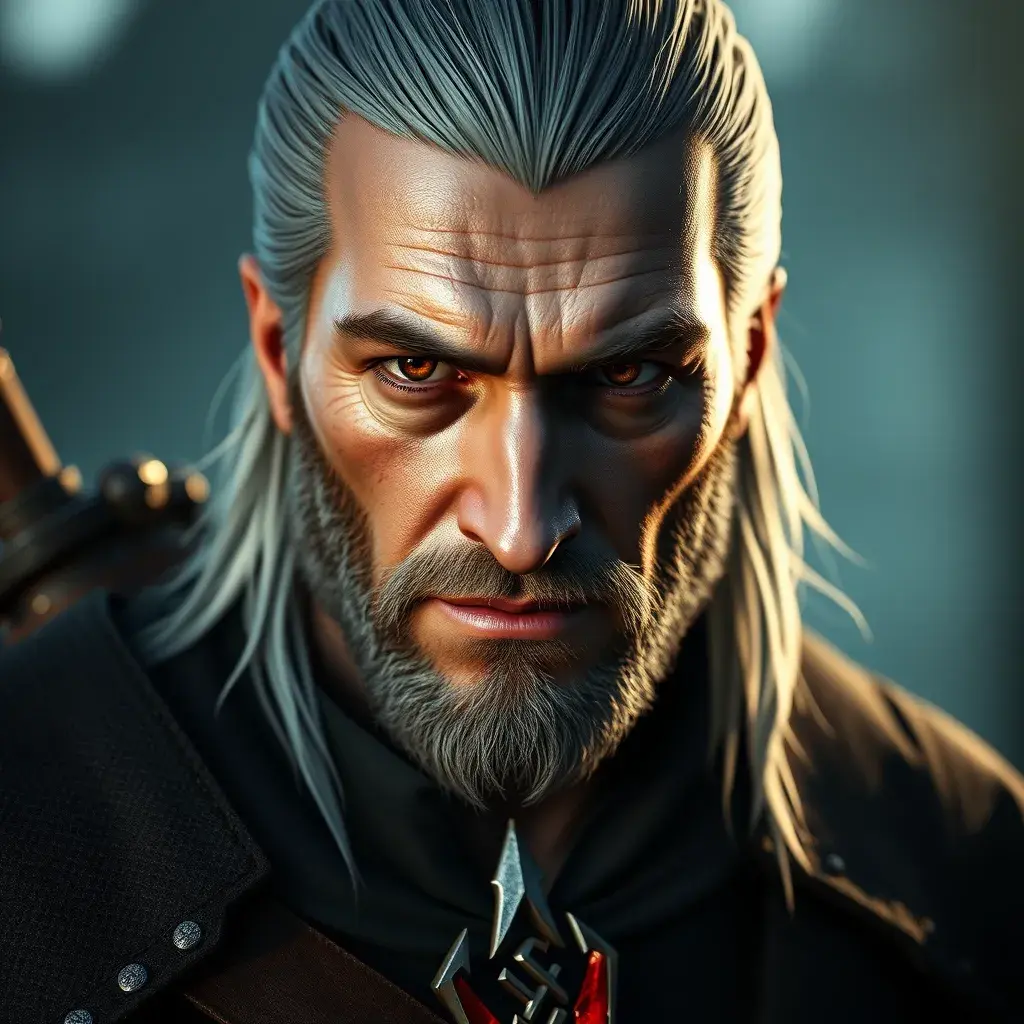 A half body matte portrait of a pleasant Geralt in The Witcher 3 style wearing the Witcher emblem, 4k, Highly Detailed, Beautiful, Cinematic Lighting, Sharp Focus, Volumetric Lighting, Closeup Portrait, Concept Art by Stefan Kostic