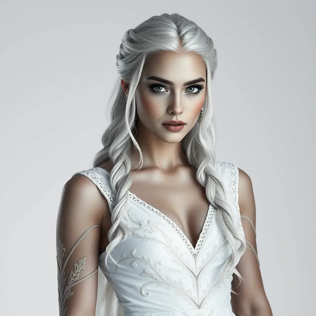 Alluring black and white matte portrait of a beautiful Daenerys Targaryen with a white background in a white dress, 8k, Highly Detailed, Intricate, Half Body, Realistic, Sharp Focus, Volumetric Lighting, Fantasy, Elegant by Stanley Artgerm Lau